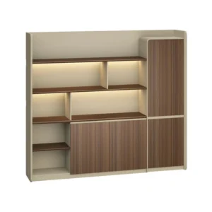 ANDERS Back Wall with oak finish shelves and cabinets for modern interiors