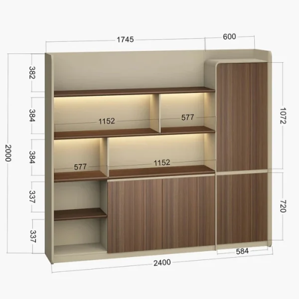 ANDERS-Back-Wall-3 ANDERS Back Wall with oak finish shelves and cabinets for modern interiors