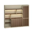 beige-frame back wall cabinet with warm LED backlit shelves, wood-grain sliding doors, and a tall right-side cupboard