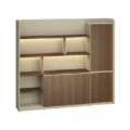 beige-frame back wall cabinet with warm LED backlit shelves, wood-grain sliding doors, and a tall right-side cupboard