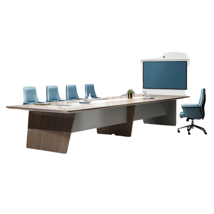 Angled perspective highlighting durable boardroom design with integrated central panel.