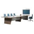 Angled perspective highlighting durable boardroom design with integrated central panel.
