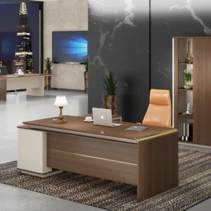 ANDERS Executive Desk in office wood-grain L-shape with cream side return; chair not included.