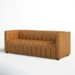 Right-angle view showing deep seat cushions, low block legs, and clean lines.