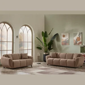 Styled living room featuring two brown sofas