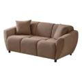 Angled view of brown two-seater sofa showing rounded arms and deep seat cushions.