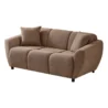 Angled view of brown two-seater sofa showing rounded arms and deep seat cushions.