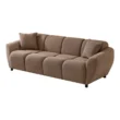 Angled view of a brown fabric three-seater sofa with plush, segmented cushions and two pillows