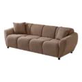 Angled view of a brown fabric three-seater sofa with plush, segmented cushions and two pillows