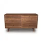 Aurora Dresser front view in light walnut wood with six drawers.