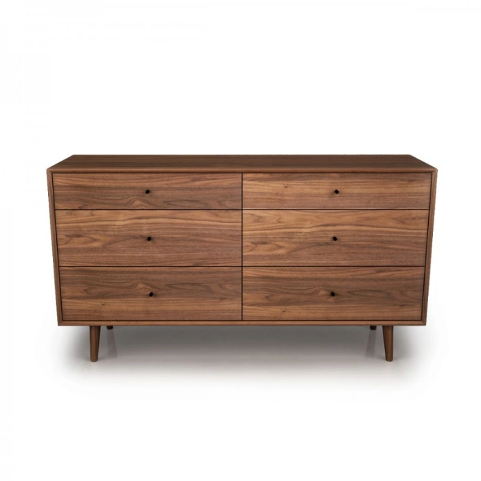 Aurora Dresser front view in light walnut wood with six drawers.