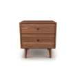 Aurora Side Table – front view of two-drawer side table in light walnut finish with minimalist design and tapered legs.