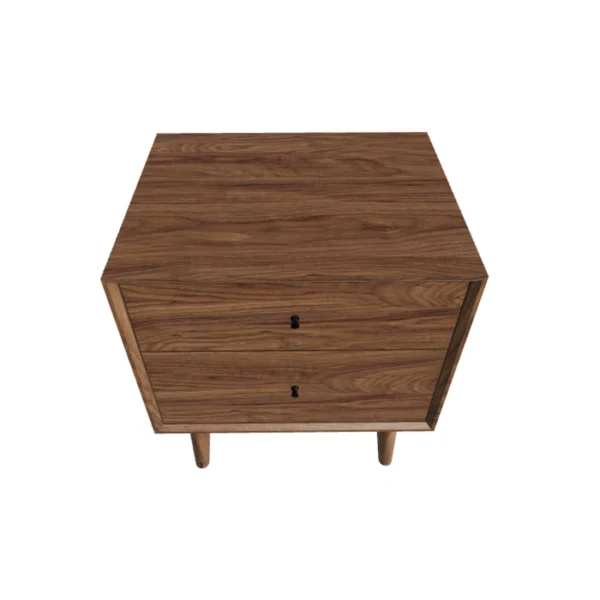 Aurora Side Table - Light walnut (3) Aurora Side Table – top-angle view of two-drawer side table in light walnut finish showcasing smooth surface and clean edges.