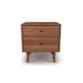 Aurora Side Table – front view of two-drawer side table in light walnut finish with minimalist design and tapered legs.