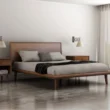 Aurora Solid Wood Bed in light walnut platform bed in a bed room