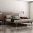 Aurora Solid Wood Bed in light walnut platform bed in a bed room