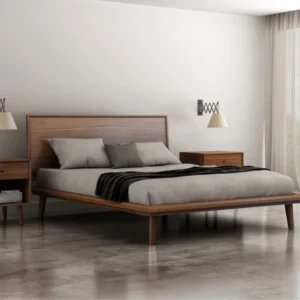 Aurora Solid Wood Bed – Light Walnut Aurora Solid Wood Bed in light walnut platform bed in a bed room
