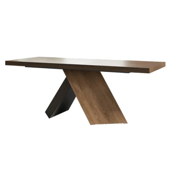 Studio image of the rectangular wooden dining table featuring a geometric crossed pedestal base.