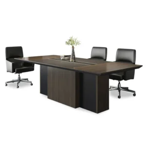 Carter-Boardroom-Table-2 Carter Boardroom Table with wide rectangular top, pedestal base, central cable channel, black chairs.