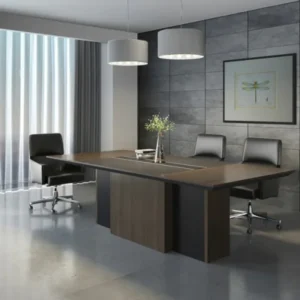 Carter Boardroom Table in executive meeting room, two-tone wood finish with central cable channel.