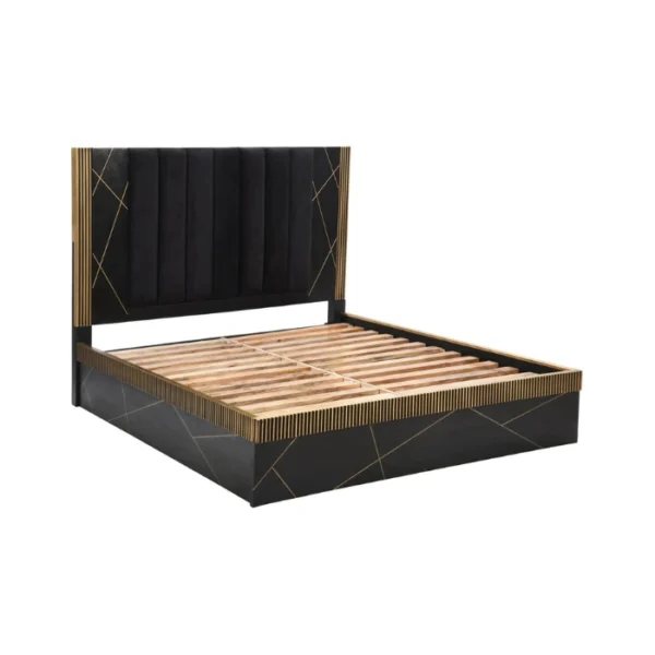 Cosmo Bed (3) Angled view of platform frame showing exposed wooden slats, black panels, and gold fluted surround