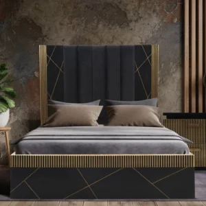 Cosmo Bed Cosmo Bed with black channel-tufted headboard, gold geometric accents, and platform base