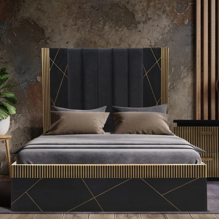 Cosmo Bed with black channel-tufted headboard, gold geometric accents, and platform base