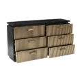 Black and gold six-drawer dresser with fluted fronts, several drawers open showing storage.