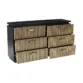 Black and gold six-drawer dresser with fluted fronts, several drawers open showing storage.