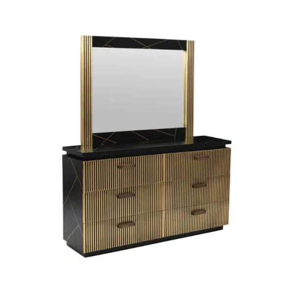 Cosmo Dresser with matching framed mirror, black finish with gold fluted fronts and six drawers.