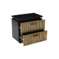 Black nightstand with gold fluted drawer fronts, both drawers open, floating top, studio backdrop.