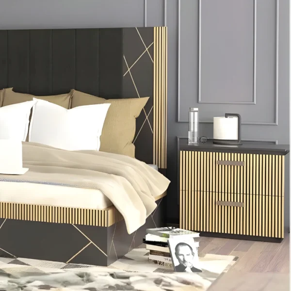 Cosmo Side table (4) Black-and-gold nightstand beside upholstered bed, fluted drawers and handles in a contemporary bedroom.