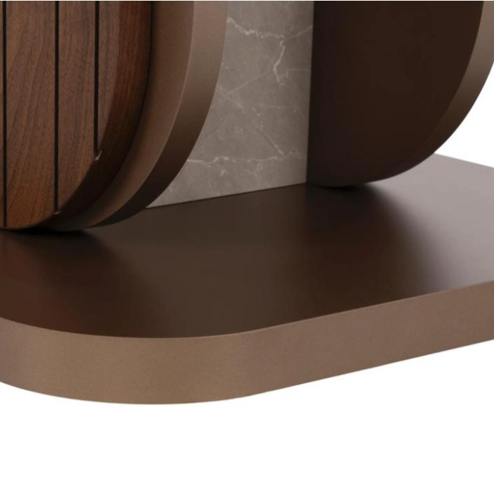 Detail of layered pedestal with fluted wood and marble insert on a rounded plinth.