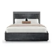 Front view highlighting sleek black frame and headboard texture.