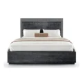 Front view highlighting sleek black frame and headboard texture.