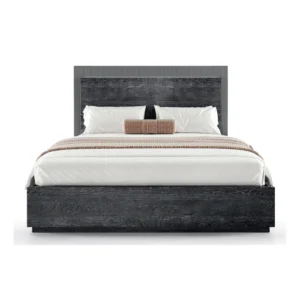 Front view highlighting sleek black frame and headboard texture.
