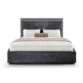 Front view highlighting sleek black frame and headboard texture.