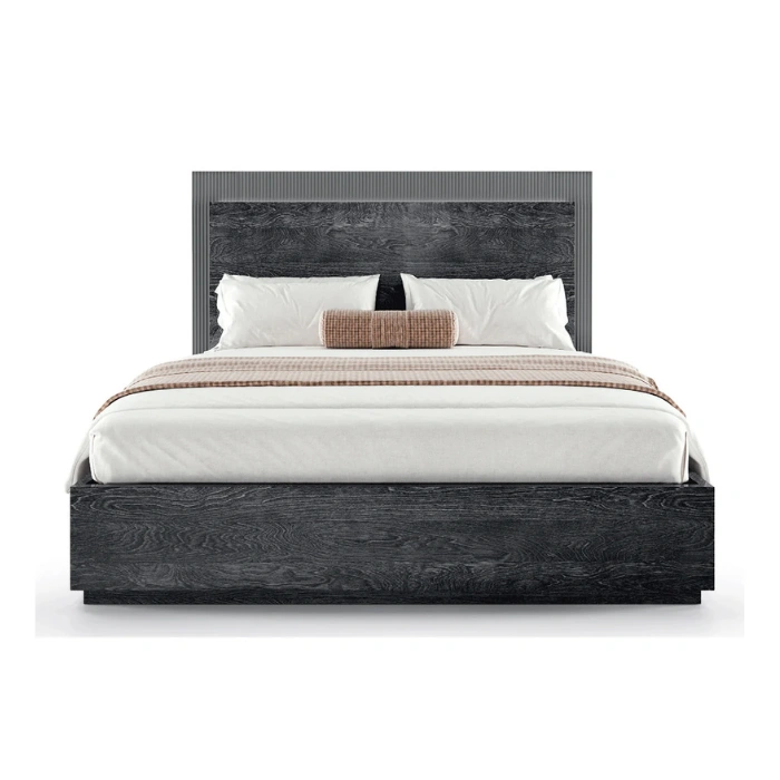 Front view highlighting sleek black frame and headboard texture.