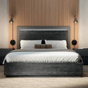 Eclipse Bed Eclipse Bed - Modern dark wood bed with a sleek headboard, complemented by soft bedding and minimalist wall-mounted lamps.