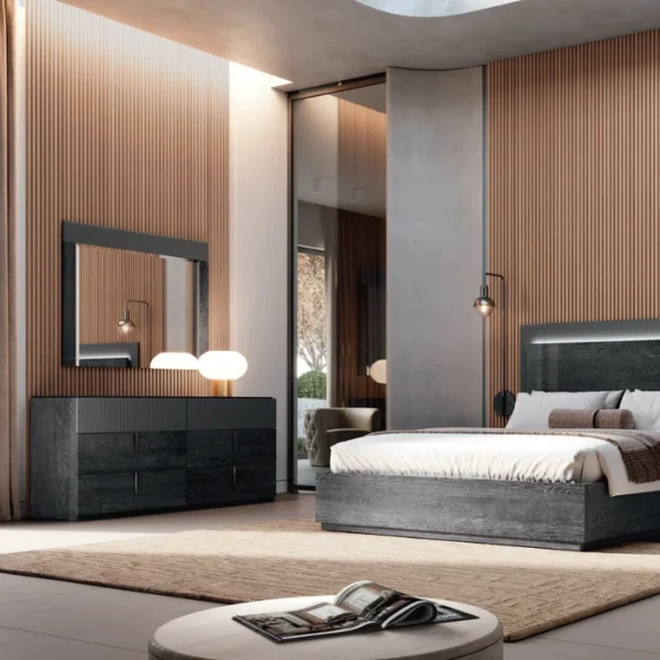 Eclipse Dresser (3) Modern bedroom interior featuring dark wood dresser, bed, and mirror with warm ambient lighting.