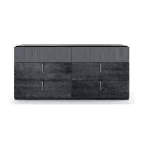 Front view of dark wood dresser with ribbed upper drawers and sleek metal handles.