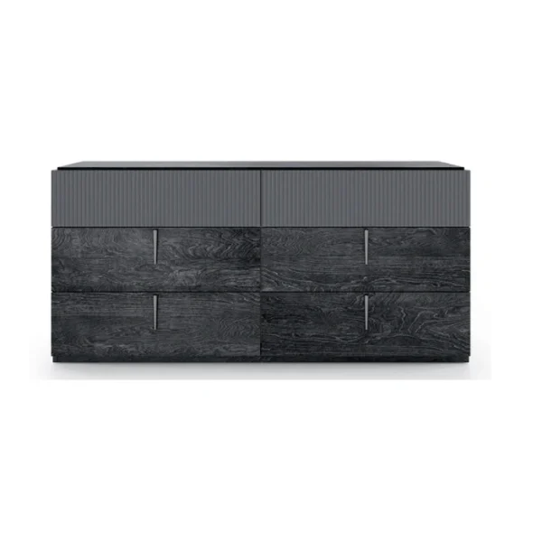 Front view of dark wood dresser with ribbed upper drawers and sleek metal handles.