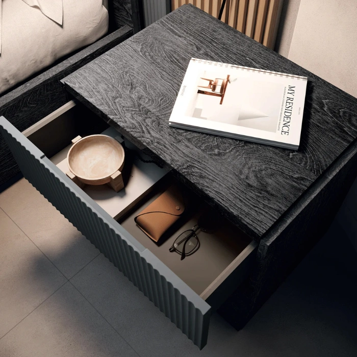 Open drawer displaying organized interior space with accessories.