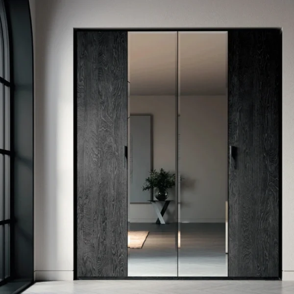 Eclipse Wardrobe (2) Eclipse Wardrobe with charcoal wood sides and mirrored sliding doors in a modern bedroom