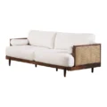 3-seater in beige fabric with wooden base and cane side panels