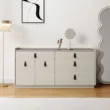 Linea Dresser in off-white with dark glass top, organizer drawers, and leather-look pulls