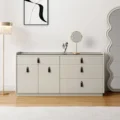 Linea Dresser in off-white with dark glass top, organizer drawers, and leather-look pulls