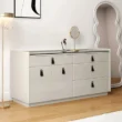 Angled view showing six drawers with leather pull handles