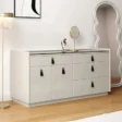 Angled view showing six drawers with leather pull handles