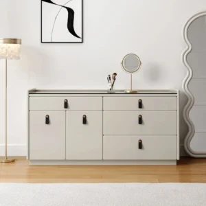 Linea Dresser – Off white Linea Dresser in off-white with dark glass top, organizer drawers, and leather-look pulls